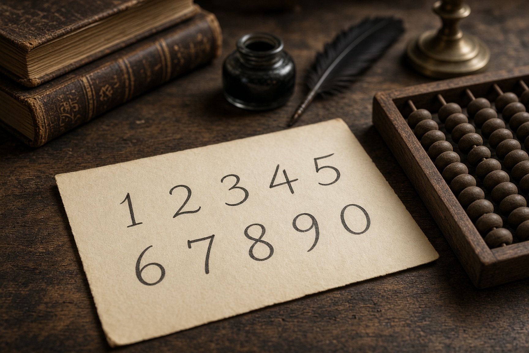 Hindu-Arabic numerals in ink on cream paper beside counting beads.