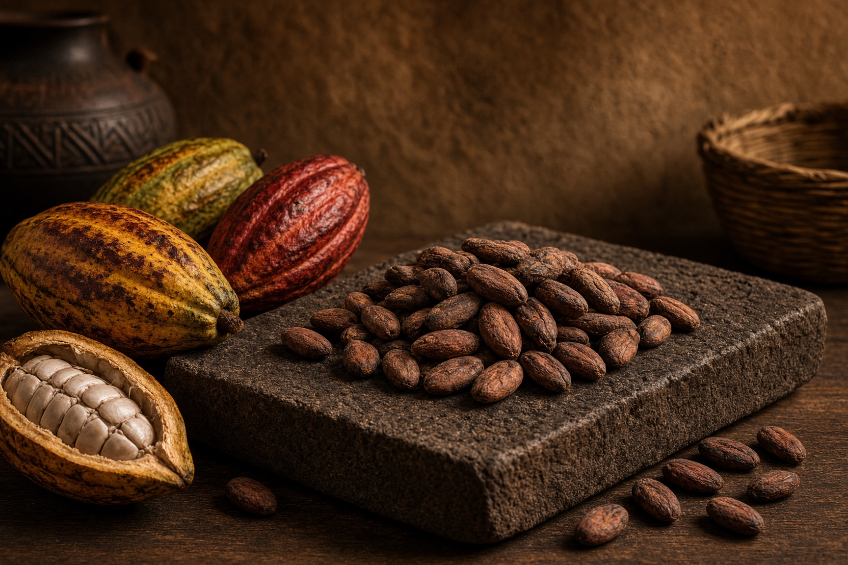 Cacao pods and a warm drink. Atmosphere for a Mesoamerican trail, not a museum object.