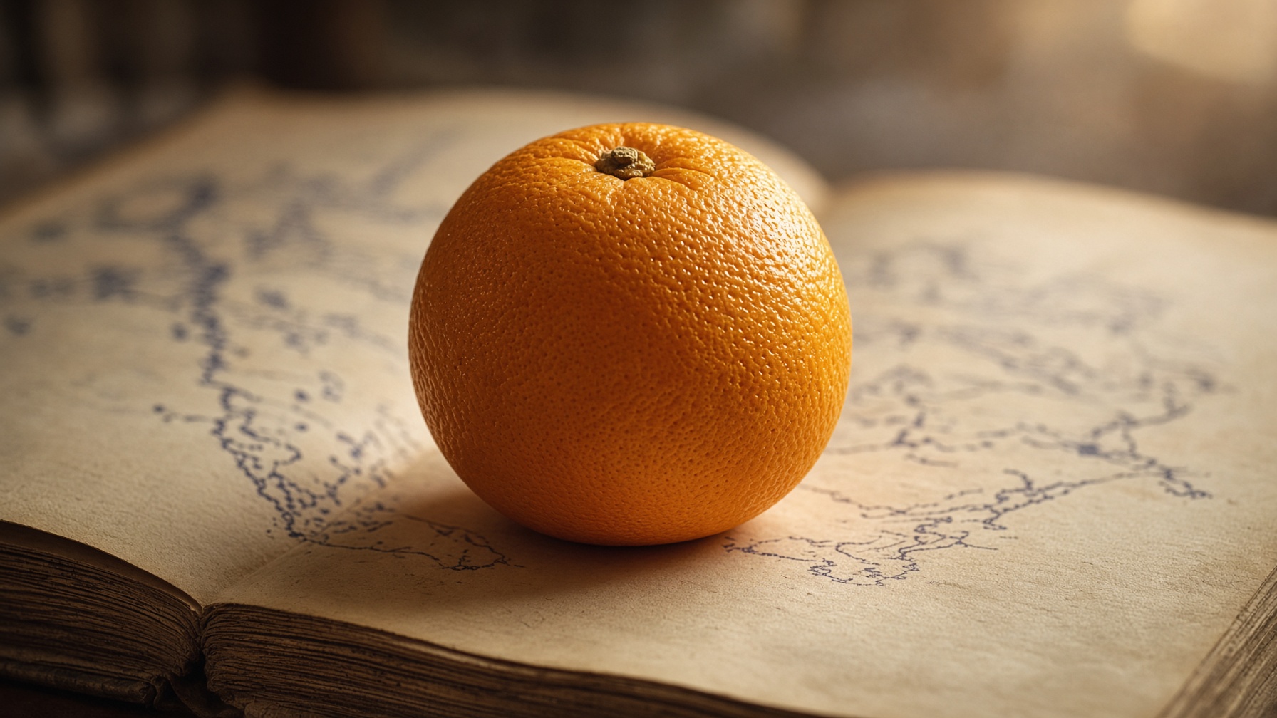 A ripe orange resting on an old paper atlas in warm window light.