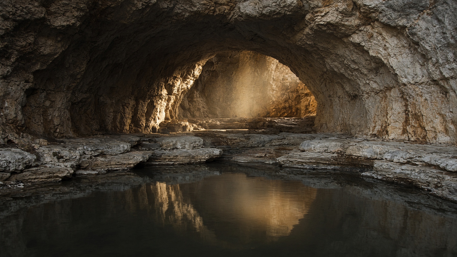 The mouth of a mountain cave above still water. Atmosphere, not a portrait of a nymph.