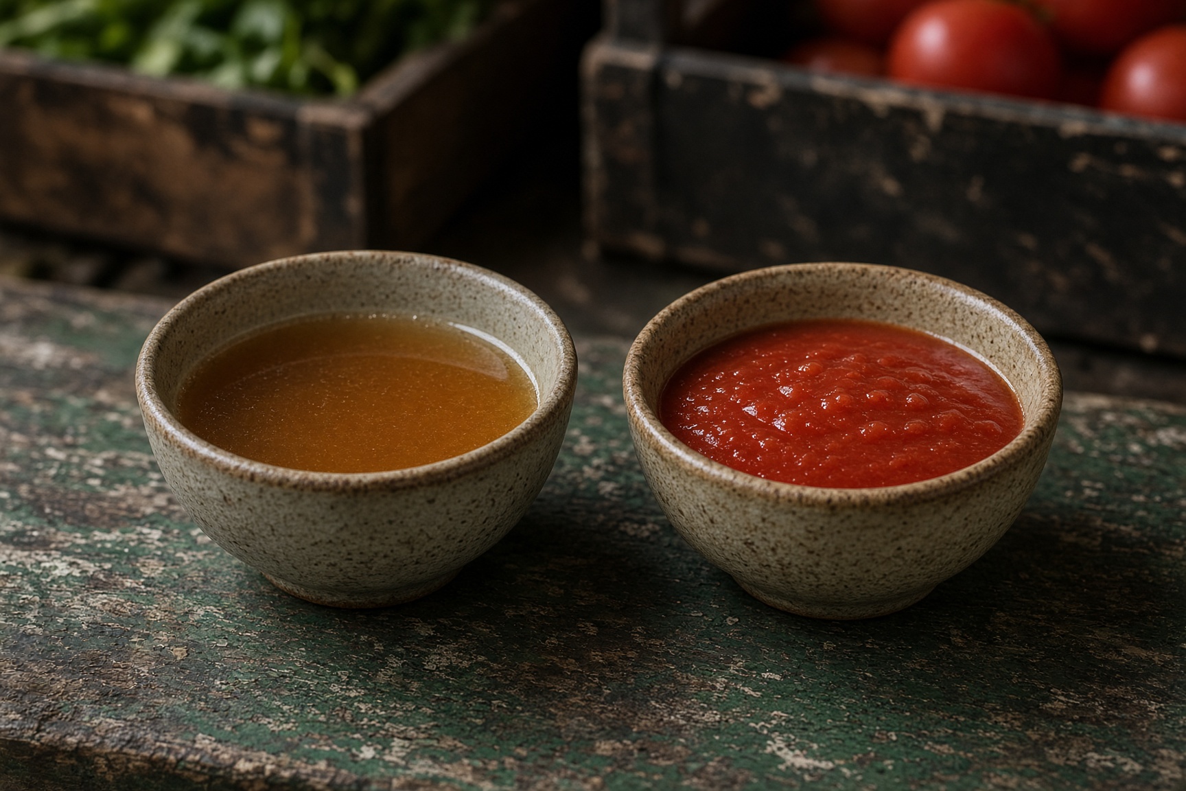 Two bowls on a table: an amber sauce and a red tomato sauce.