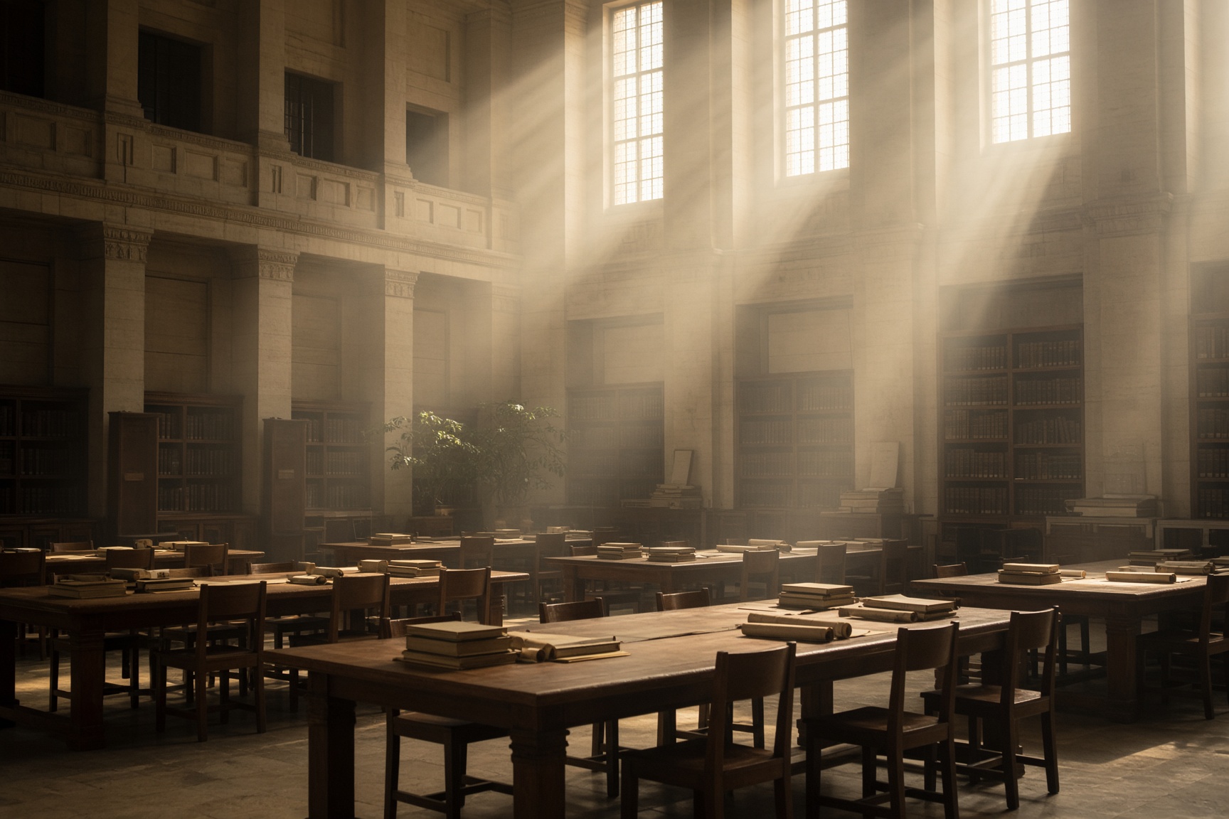 Sunbeams in a quiet research hall with long reading tables.