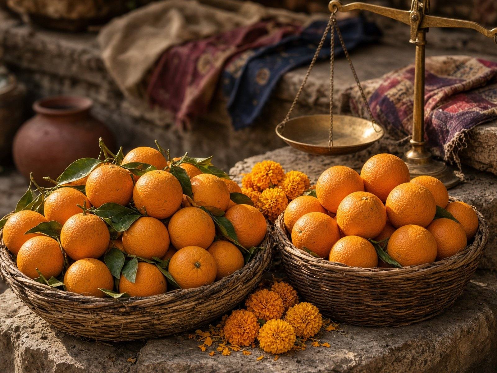 Oranges in baskets at a South Asian fruit stall. Atmosphere, not a historical source object.
