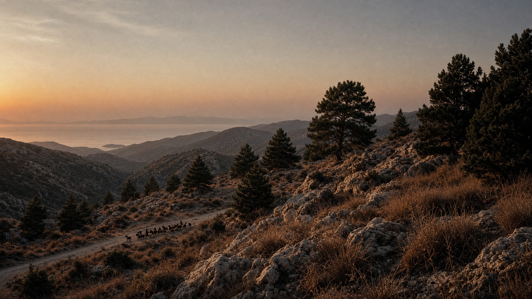 A lonely Greek hillside at dusk, pines and a distant flock on pale limestone.