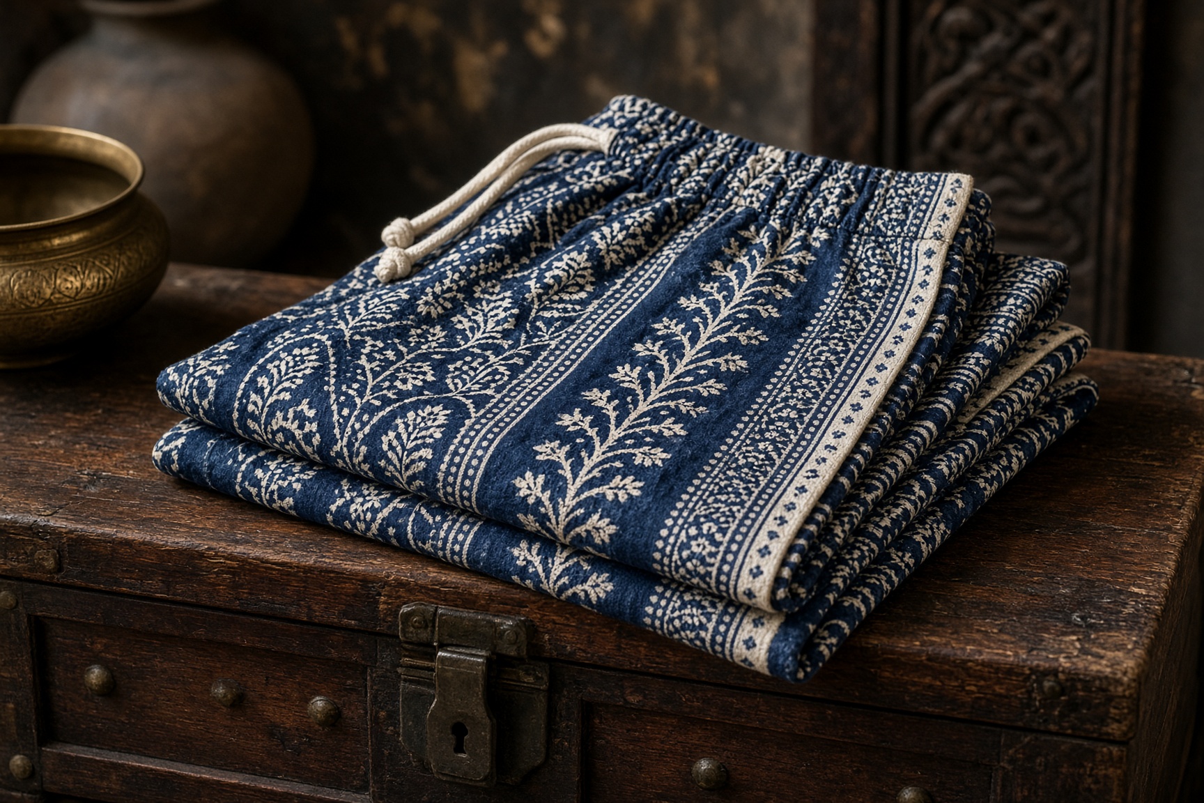 Folded cotton in a tiled Persian room. Atmosphere, not a historical source object.