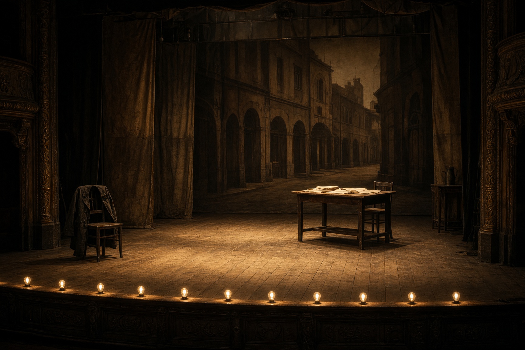 An empty 1920s theatre stage with a work coat on a chair.