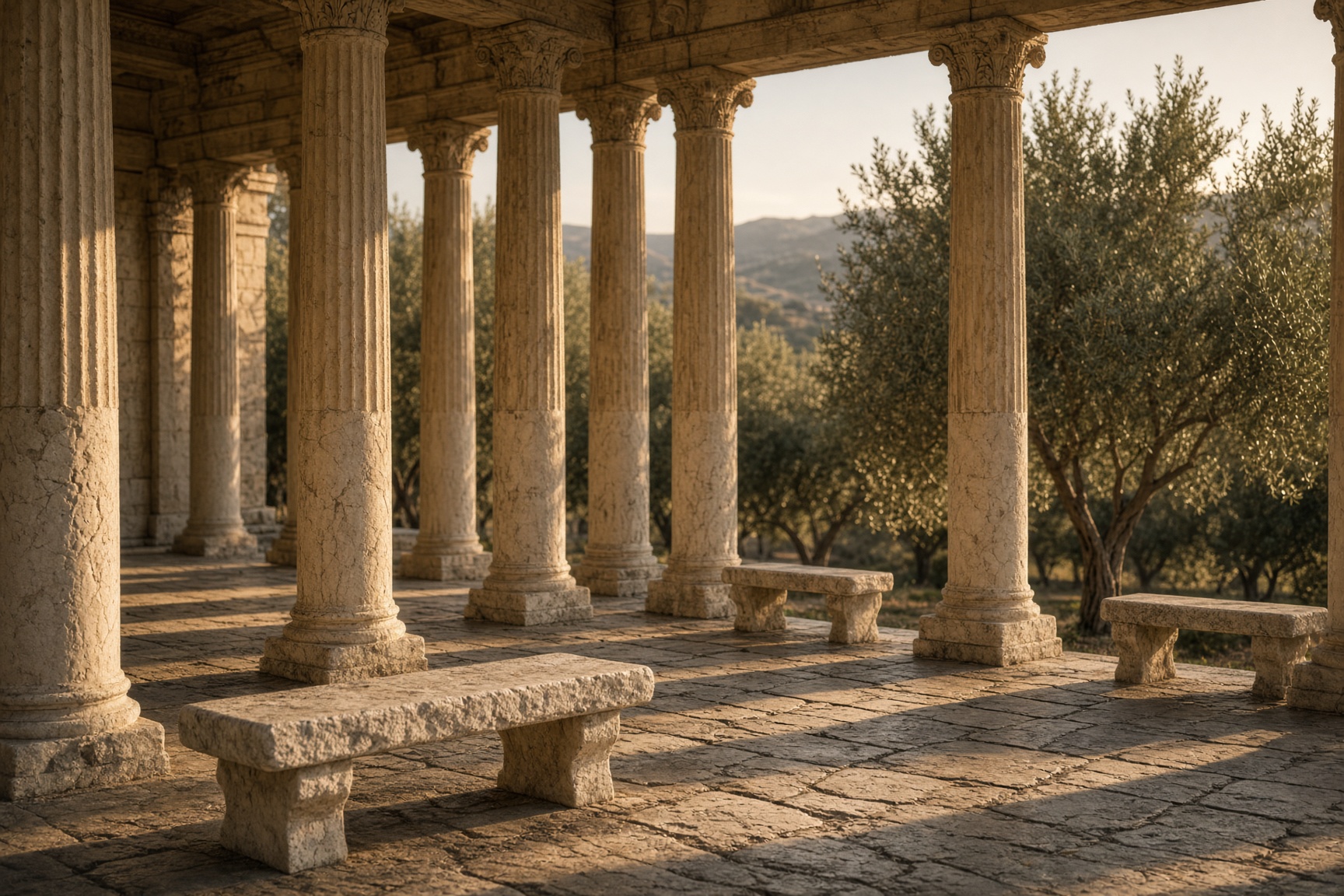 A sunlit stone colonnade with empty seats and olive trees beyond.
