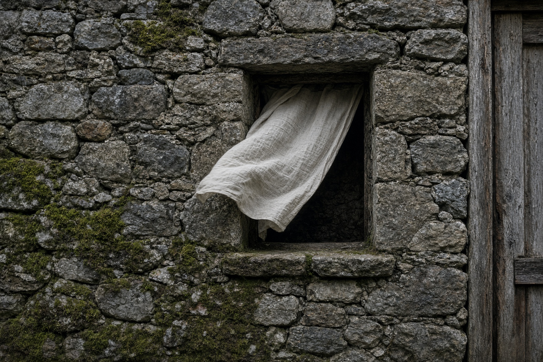 A small unglazed opening in a stone wall, linen moving in the wind.